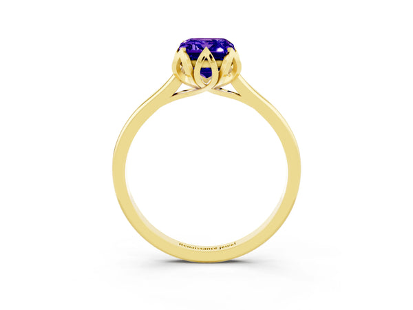 Yellow gold Emerald Cut Tanzanite Solitaire Ring with Flower Prong Setting and Classic Band