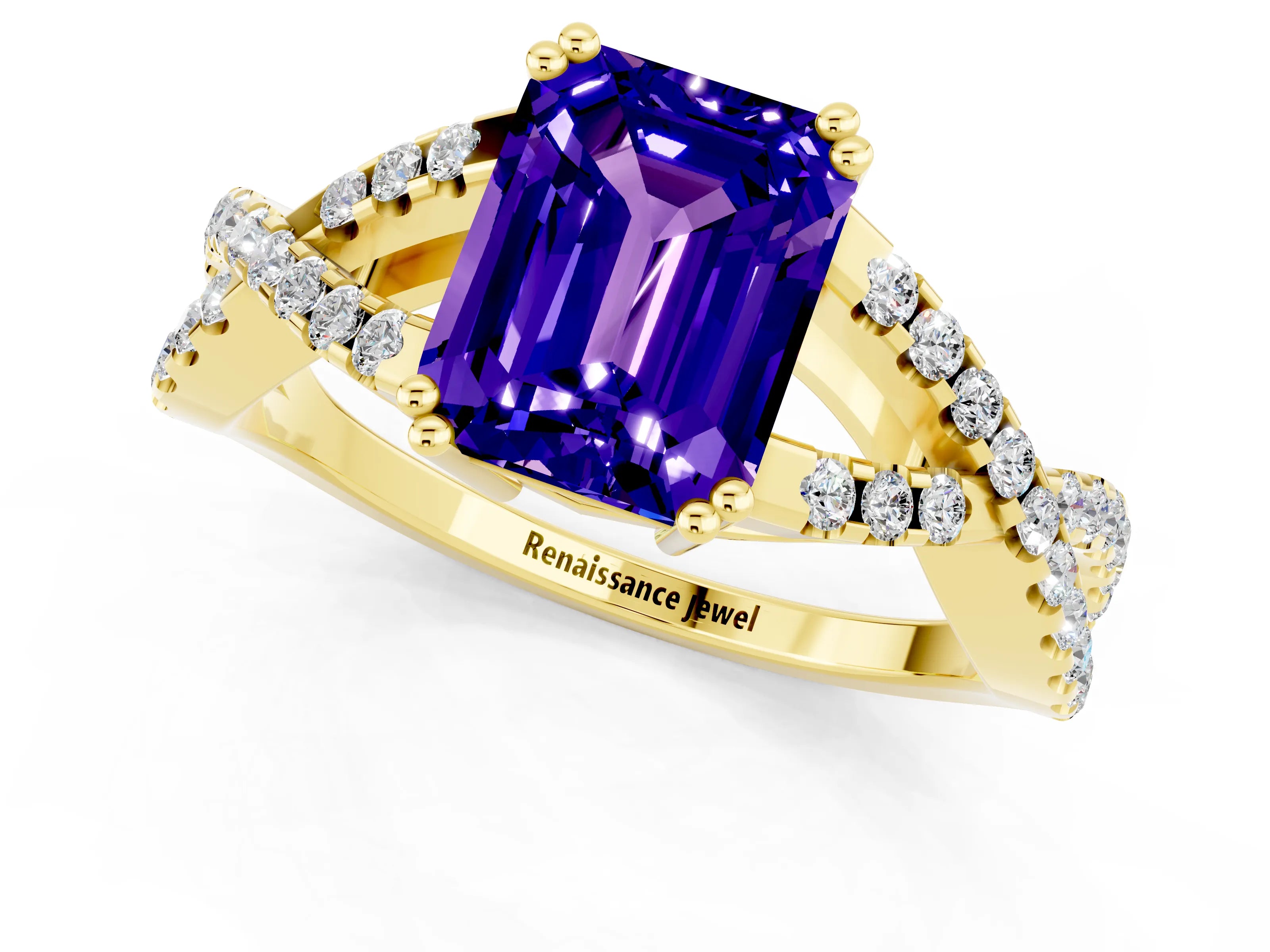 Yellow gold Emerald Cut Tanzanite Solitaire Ring with Four-Prong Setting and Twisted Pavé Band_1