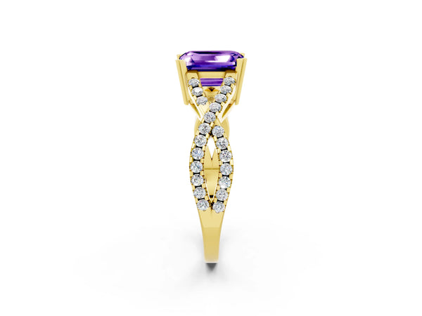 Yellow gold Emerald Cut Tanzanite Solitaire Ring with Four-Prong Setting and Twisted Pavé Band