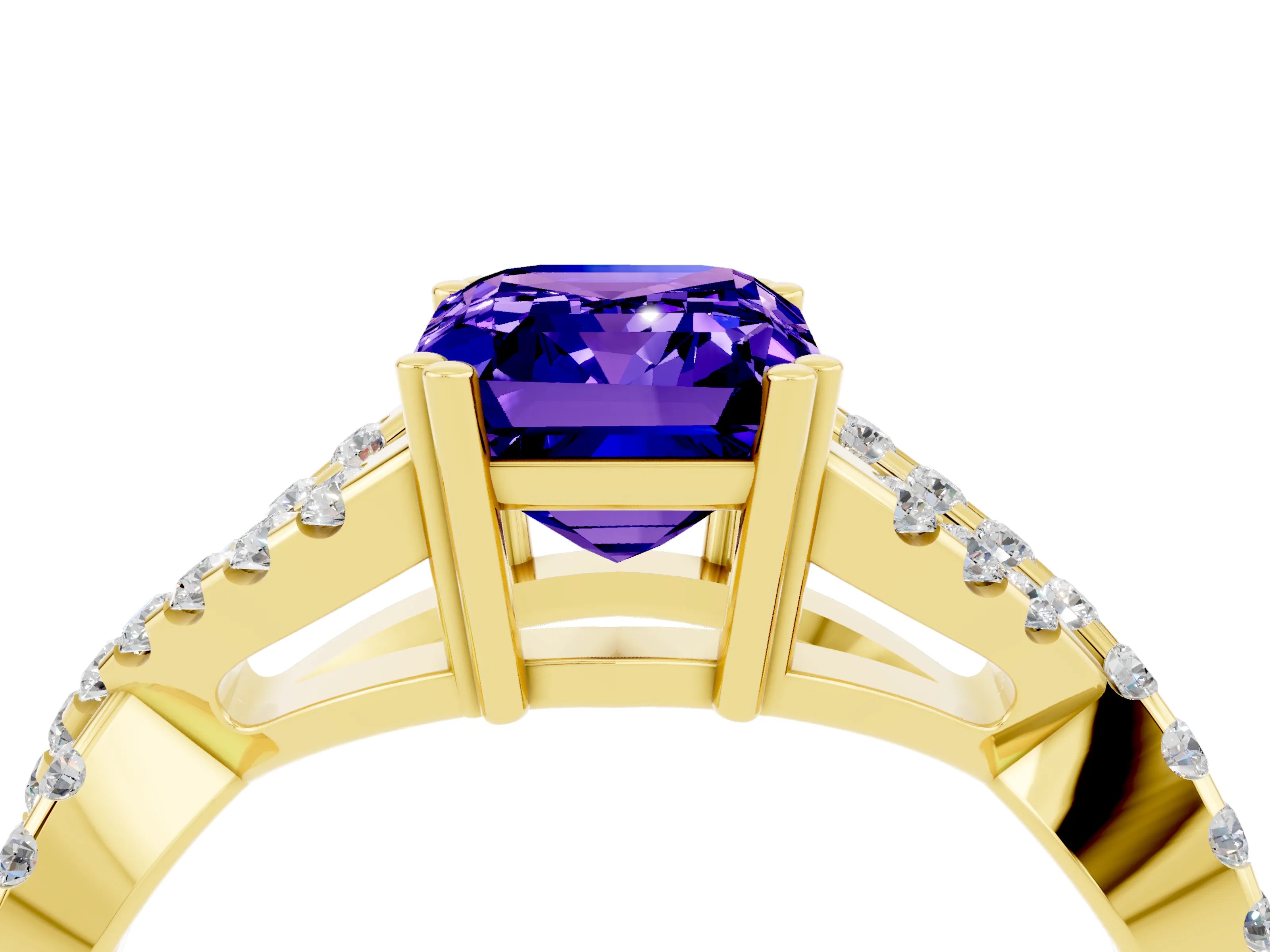 Yellow gold Emerald Cut Tanzanite Solitaire Ring with Four-Prong Setting and Twisted Pavé Band_4