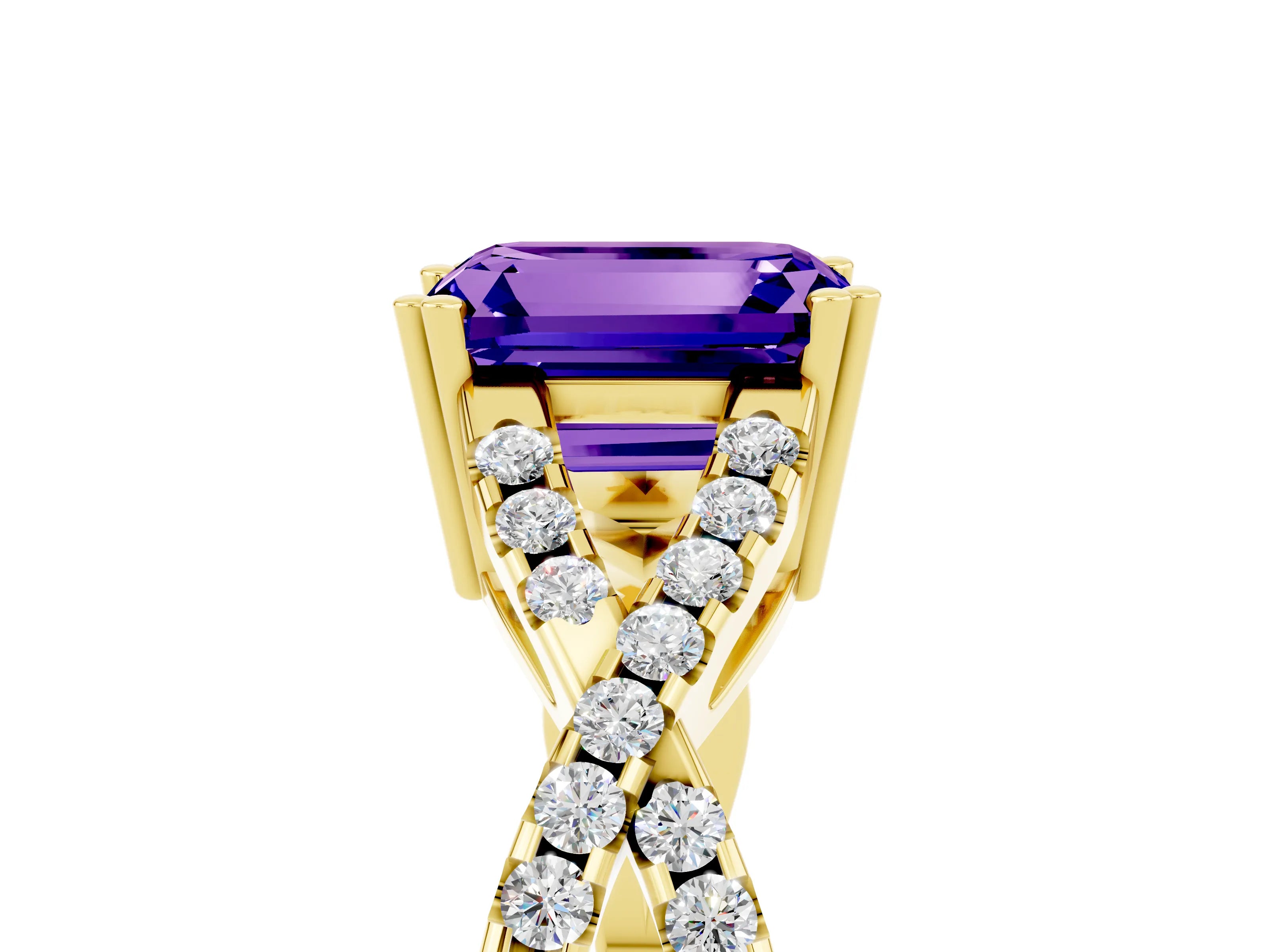 Yellow gold Emerald Cut Tanzanite Solitaire Ring with Four-Prong Setting and Twisted Pavé Band_5