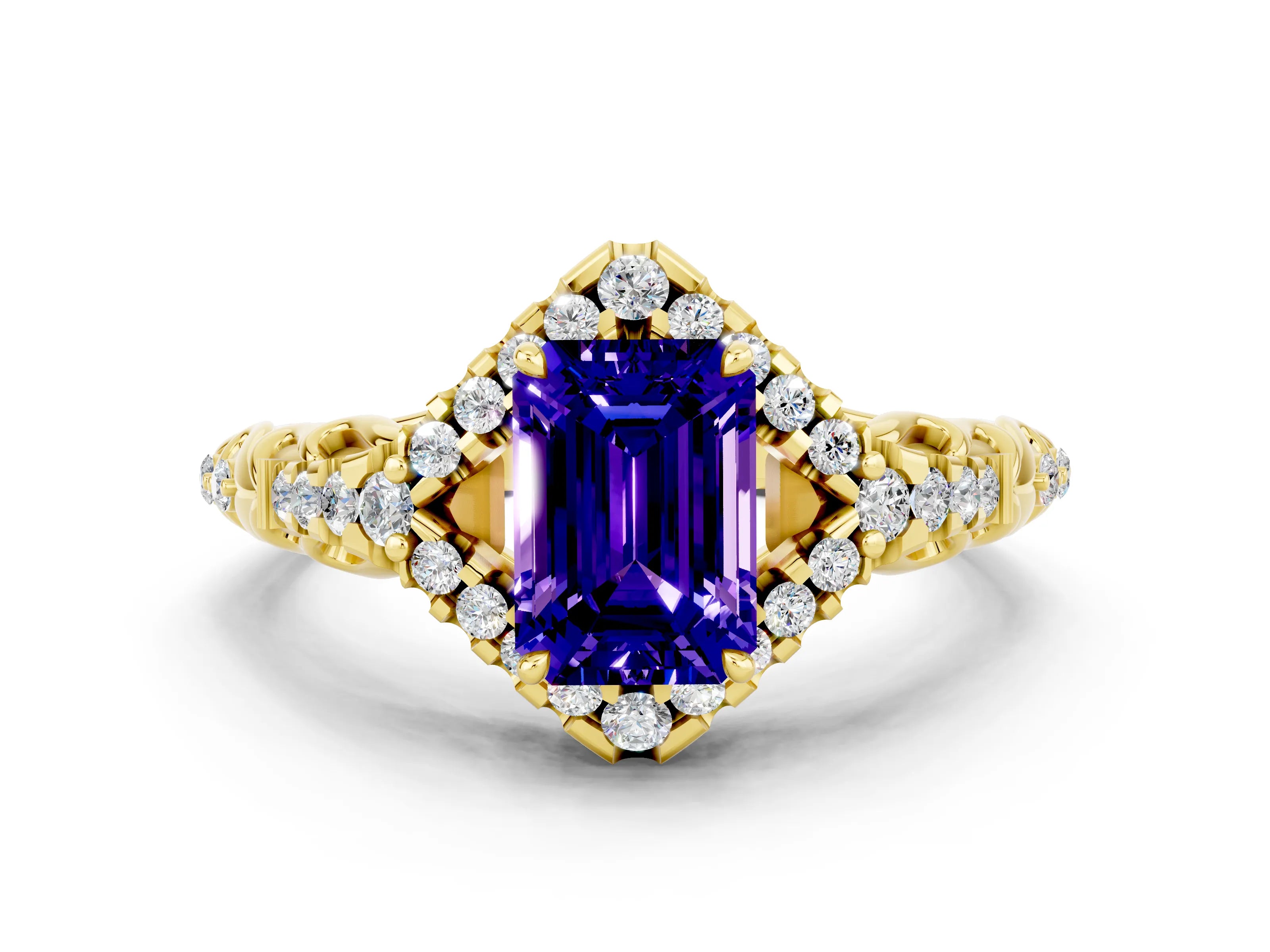 Yellow gold Emerald Cut Tanzanite Solitaire Ring with Hidden Halo and Pavé Band_12