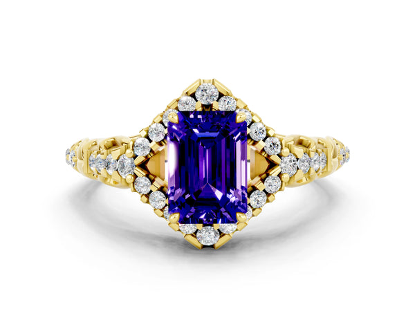 Yellow gold Emerald Cut Tanzanite Solitaire Ring with Hidden Halo and Pavé Band