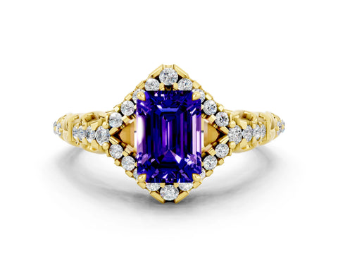 Yellow gold Emerald Cut Tanzanite Solitaire Ring with Hidden Halo and Pavé Band_12