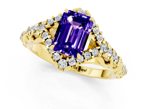 Yellow gold Emerald Cut Tanzanite Solitaire Ring with Hidden Halo and Pavé Band_13