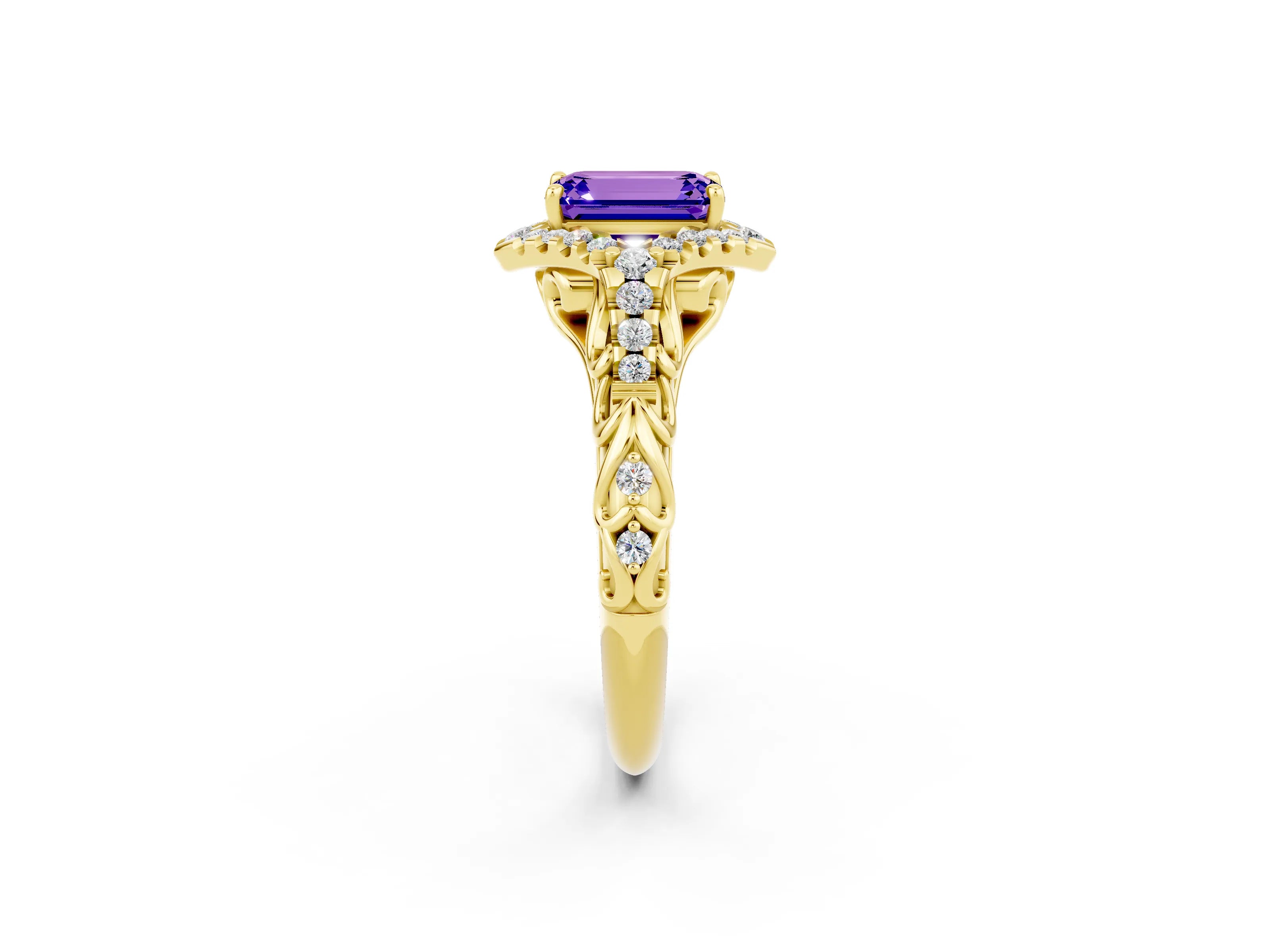 Yellow gold Emerald Cut Tanzanite Solitaire Ring with Hidden Halo and Pavé Band_14