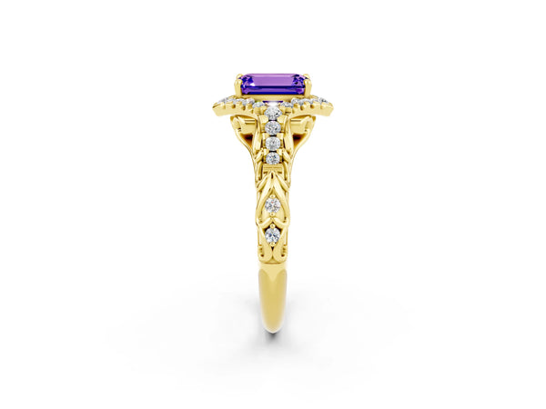 Yellow gold Emerald Cut Tanzanite Solitaire Ring with Hidden Halo and Pavé Band