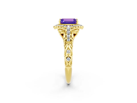 Yellow gold Emerald Cut Tanzanite Solitaire Ring with Hidden Halo and Pavé Band_14