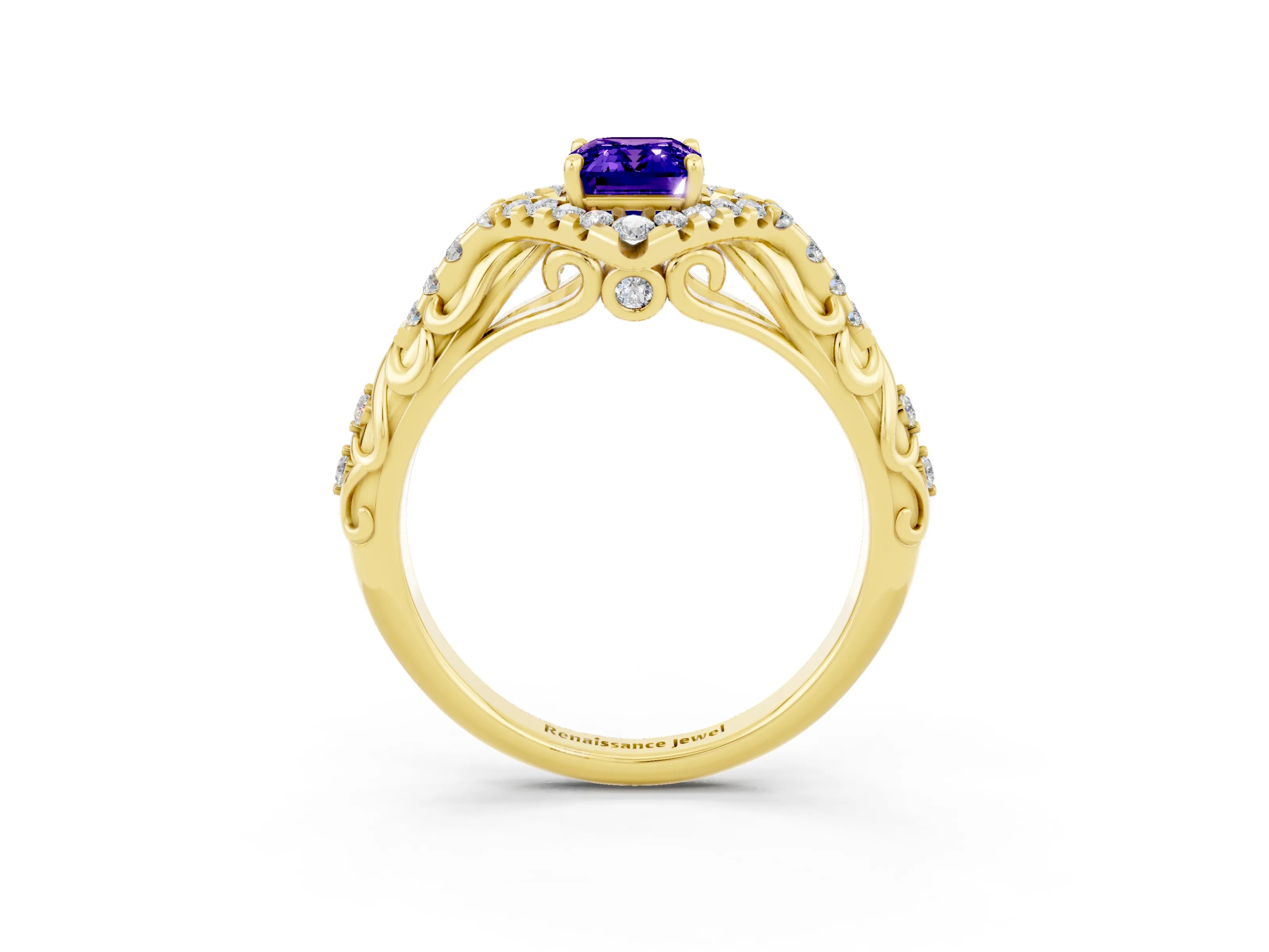 Yellow gold Emerald Cut Tanzanite Solitaire Ring with Hidden Halo and Pavé Band_15