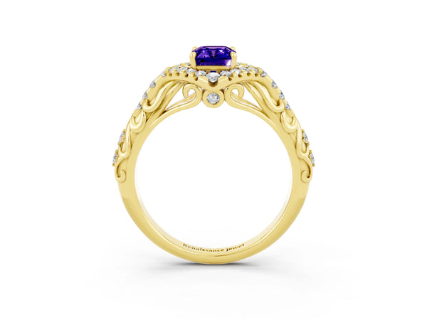 Yellow gold Emerald Cut Tanzanite Solitaire Ring with Hidden Halo and Pavé Band