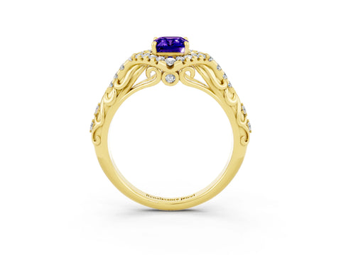 Yellow gold Emerald Cut Tanzanite Solitaire Ring with Hidden Halo and Pavé Band_15