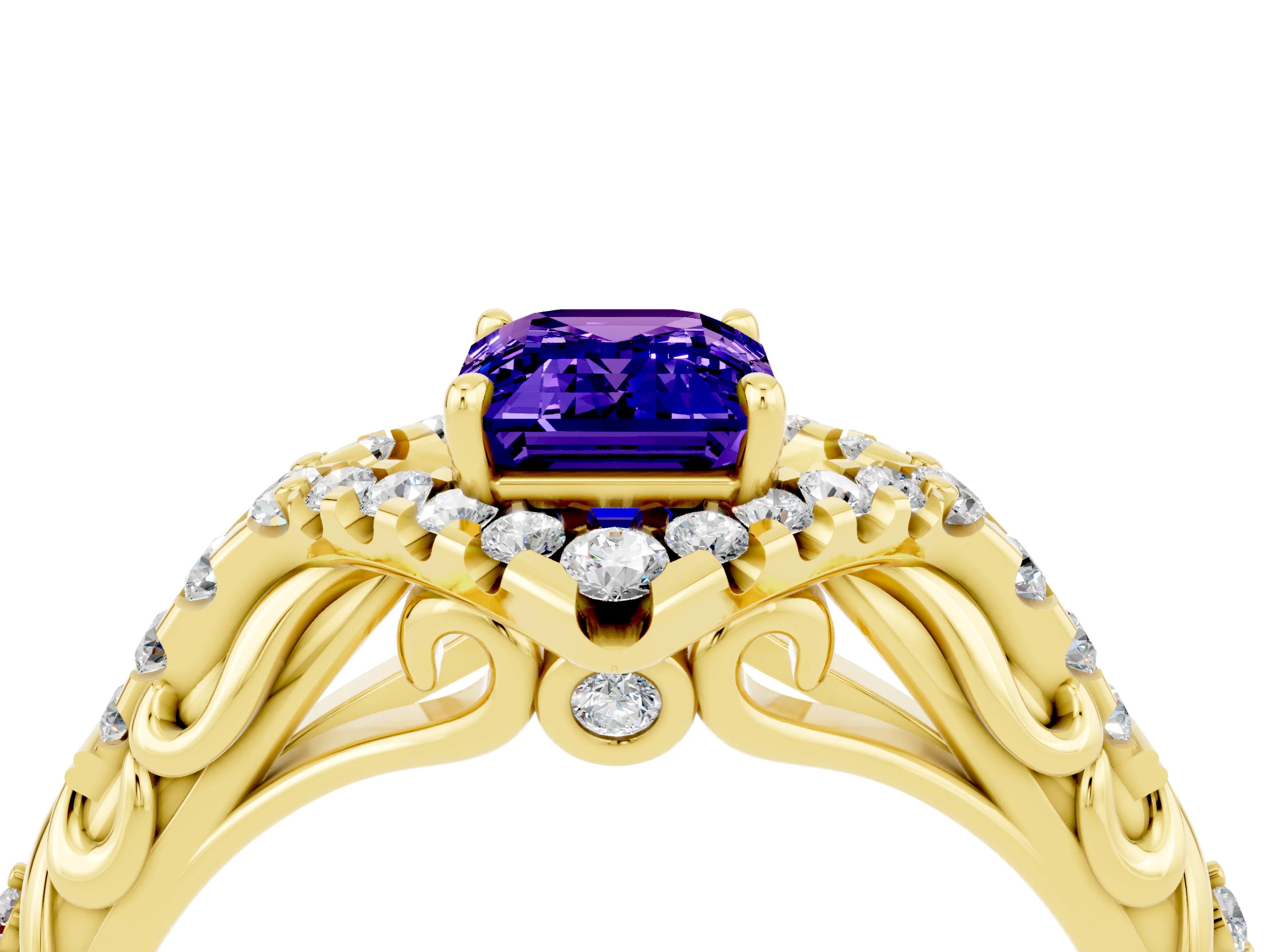 Yellow gold Emerald Cut Tanzanite Solitaire Ring with Hidden Halo and Pavé Band_16