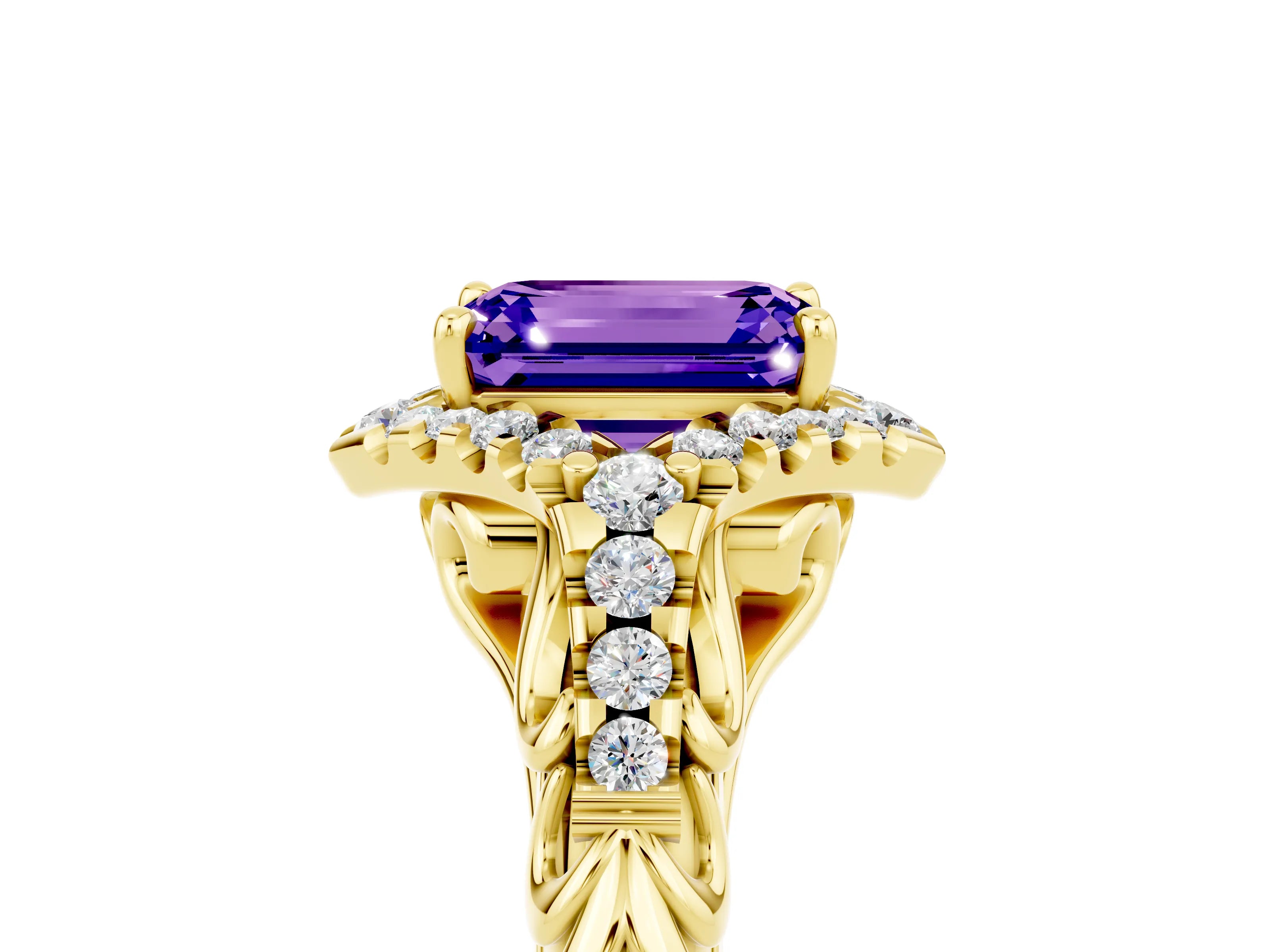 Yellow gold Emerald Cut Tanzanite Solitaire Ring with Hidden Halo and Pavé Band_17