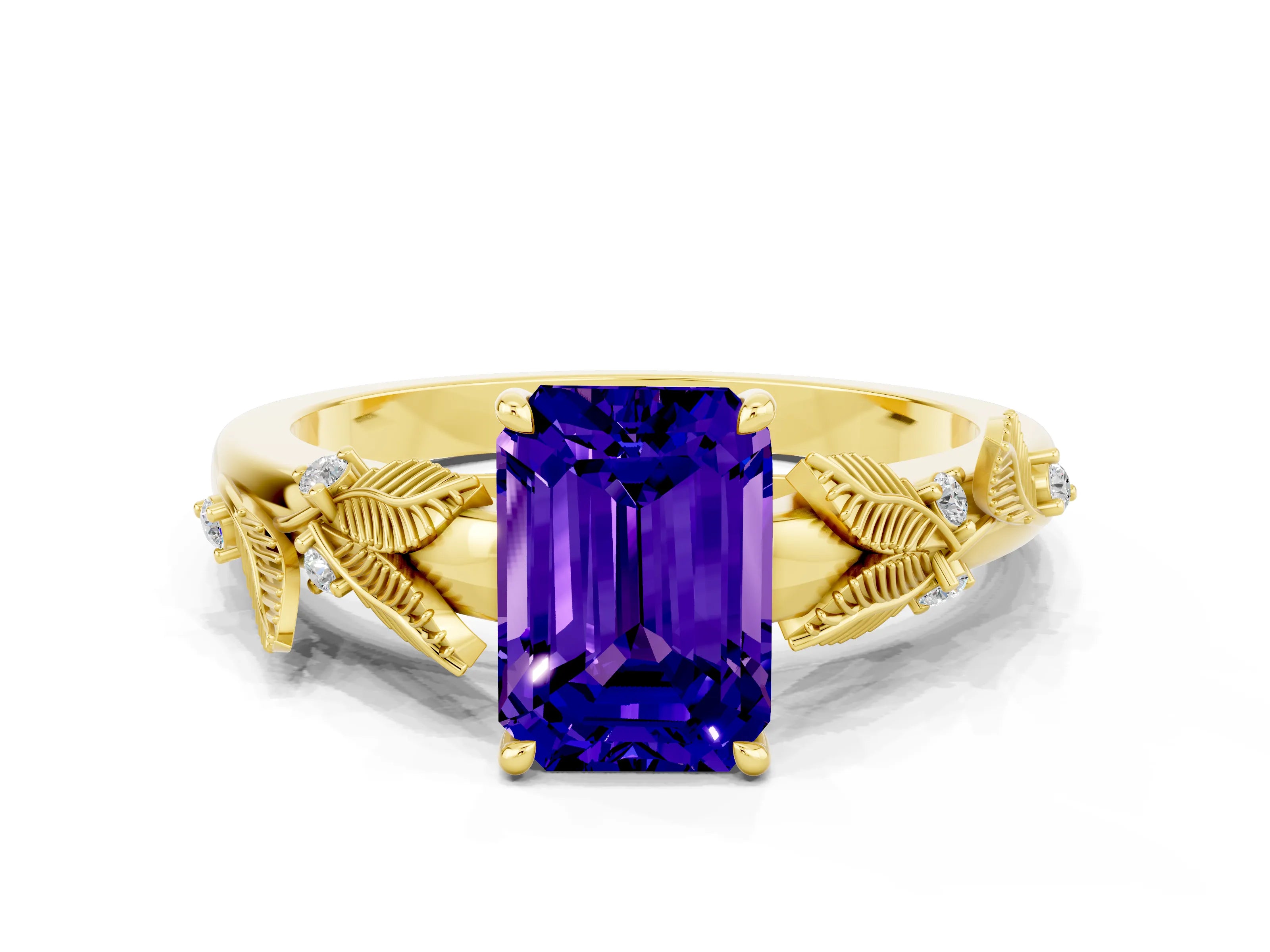 Yellow gold Emerald Cut Tanzanite Solitaire Ring with Leaf Motif Band and Four-Prong Setting