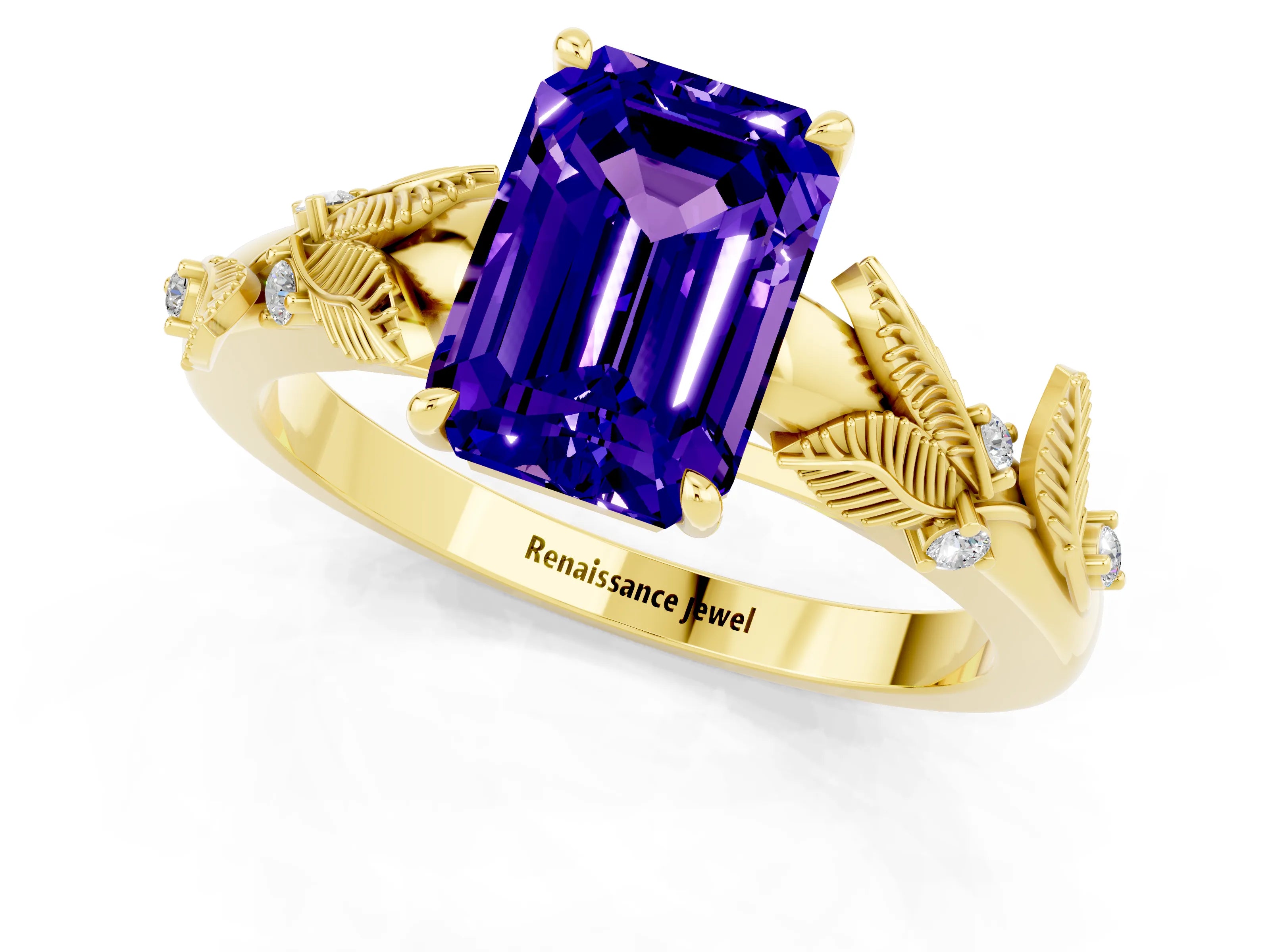 Yellow gold Emerald Cut Tanzanite Solitaire Ring with Leaf Motif Band and Four-Prong Setting_1