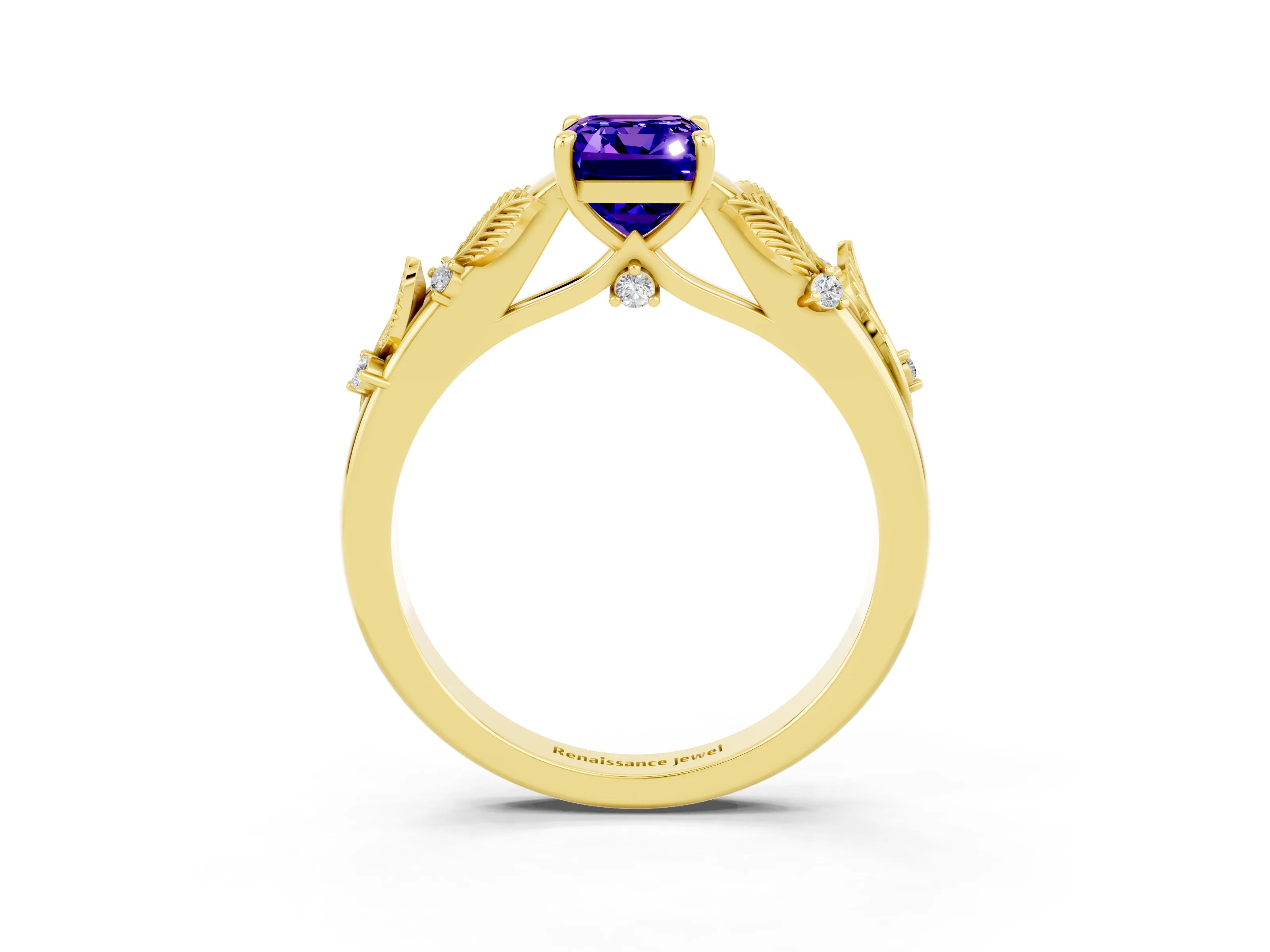 Yellow gold Emerald Cut Tanzanite Solitaire Ring with Leaf Motif Band and Four-Prong Setting_3
