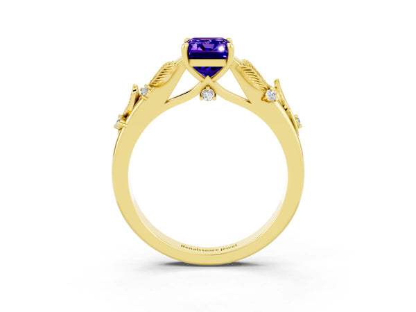 Yellow gold Emerald Cut Tanzanite Solitaire Ring with Leaf Motif Band and Four-Prong Setting