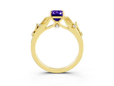 Yellow gold Emerald Cut Tanzanite Solitaire Ring with Leaf Motif Band and Four-Prong Setting_3