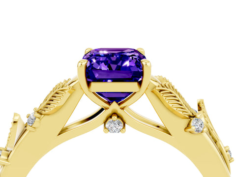 Yellow gold Emerald Cut Tanzanite Solitaire Ring with Leaf Motif Band and Four-Prong Setting_4