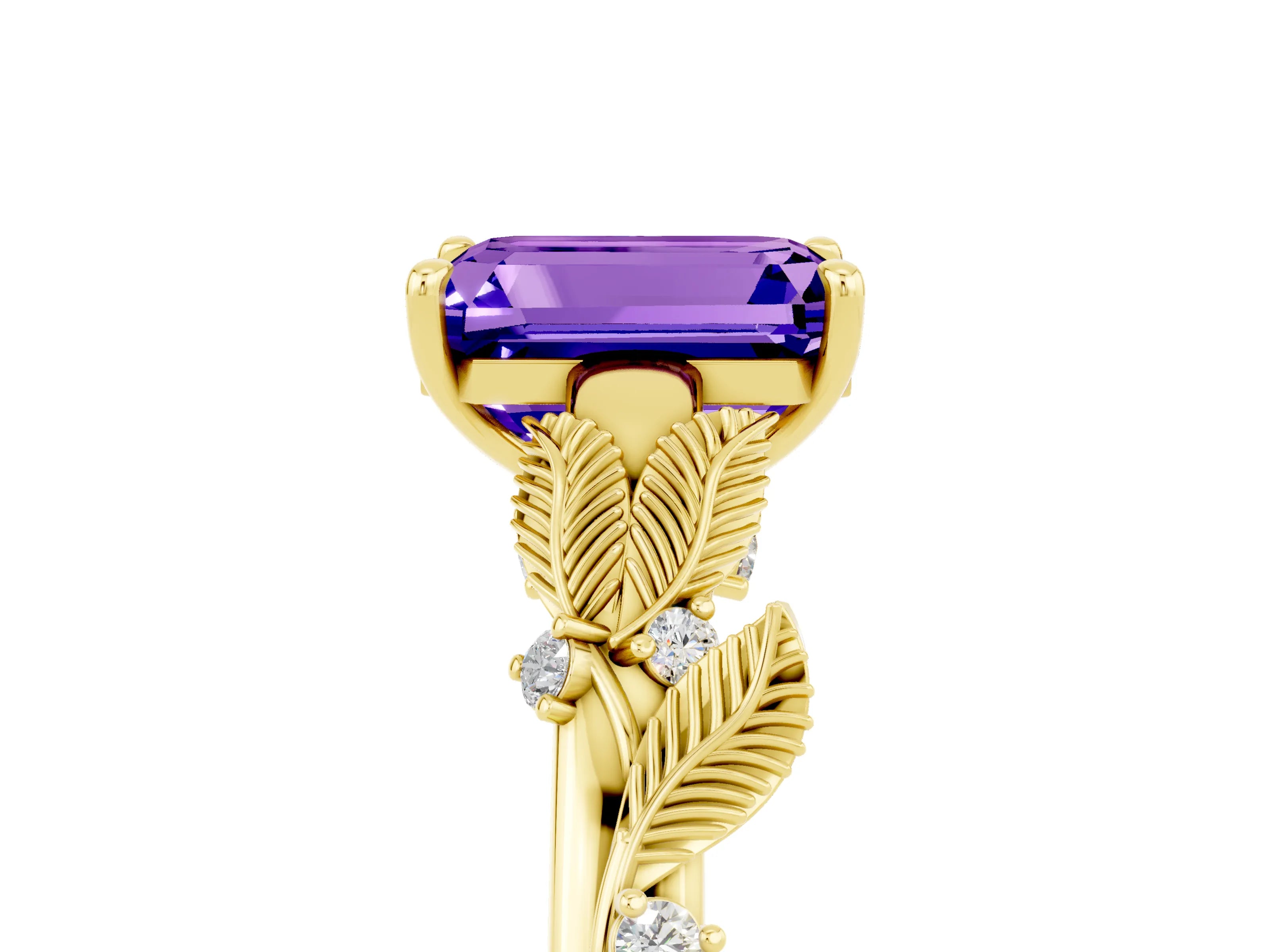 Yellow gold Emerald Cut Tanzanite Solitaire Ring with Leaf Motif Band and Four-Prong Setting_5