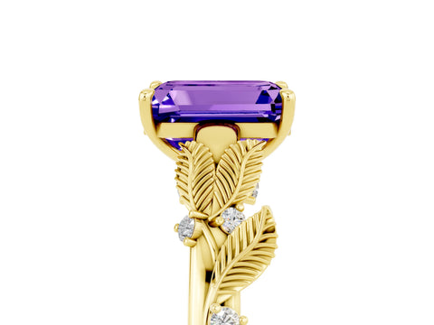 Yellow gold Emerald Cut Tanzanite Solitaire Ring with Leaf Motif Band and Four-Prong Setting_5