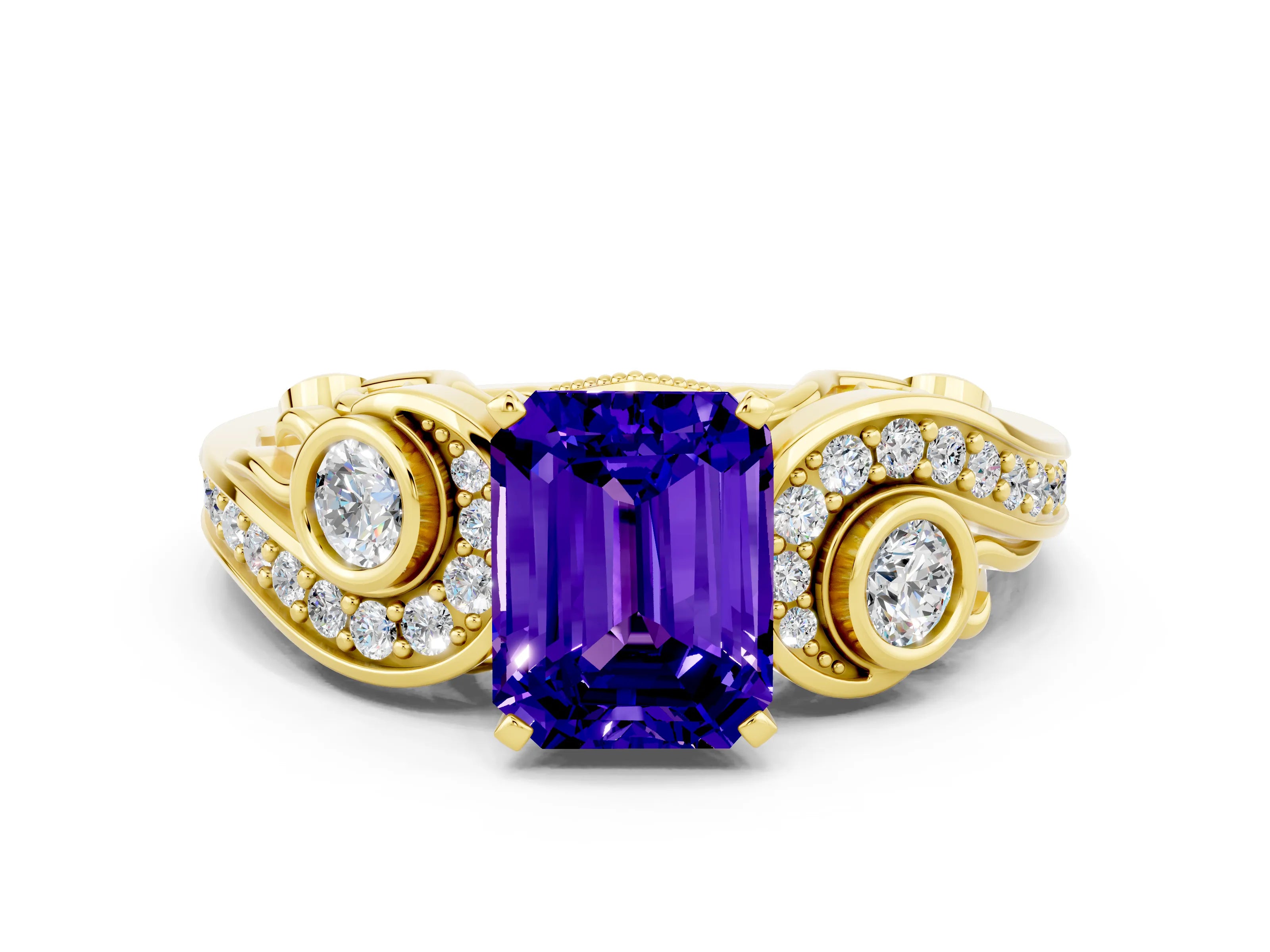 Yellow gold Emerald Cut Tanzanite Solitaire Ring with Milgrain Pavé Band and Four-Prong Setting_24