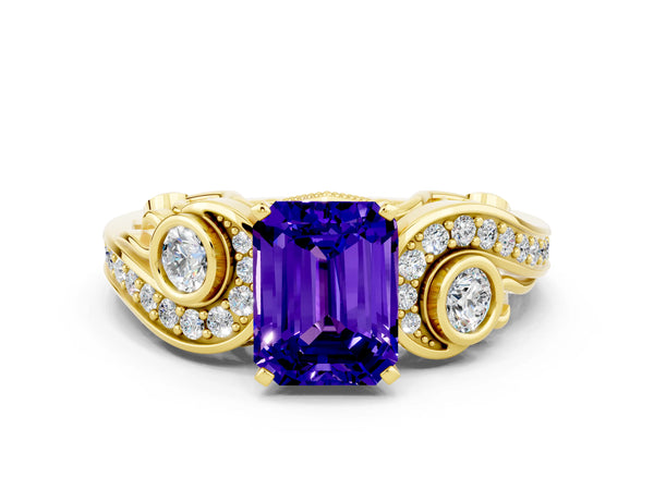 Yellow gold Emerald Cut Tanzanite Solitaire Ring with Milgrain Pavé Band and Four-Prong Setting