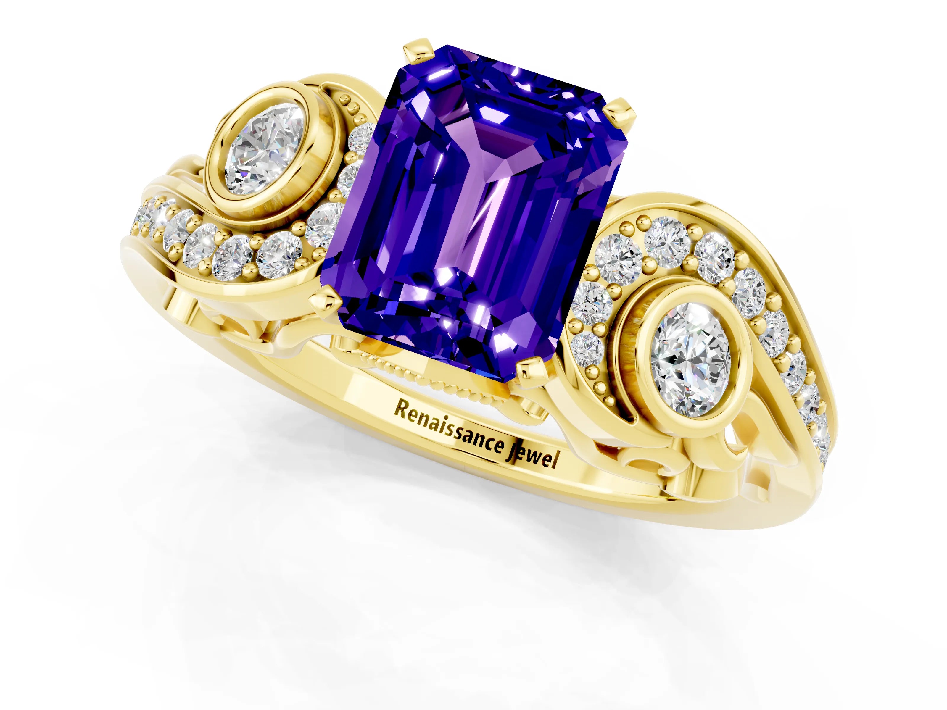 Yellow gold Emerald Cut Tanzanite Solitaire Ring with Milgrain Pavé Band and Four-Prong Setting_25
