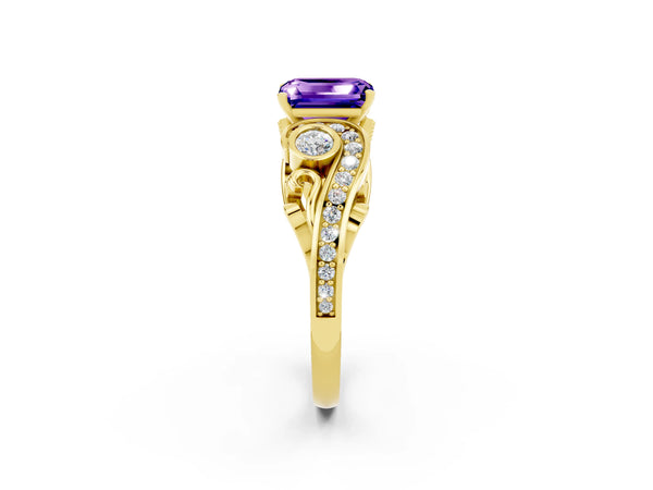 Yellow gold Emerald Cut Tanzanite Solitaire Ring with Milgrain Pavé Band and Four-Prong Setting