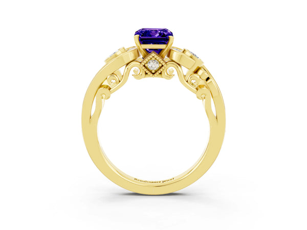 Yellow gold Emerald Cut Tanzanite Solitaire Ring with Milgrain Pavé Band and Four-Prong Setting