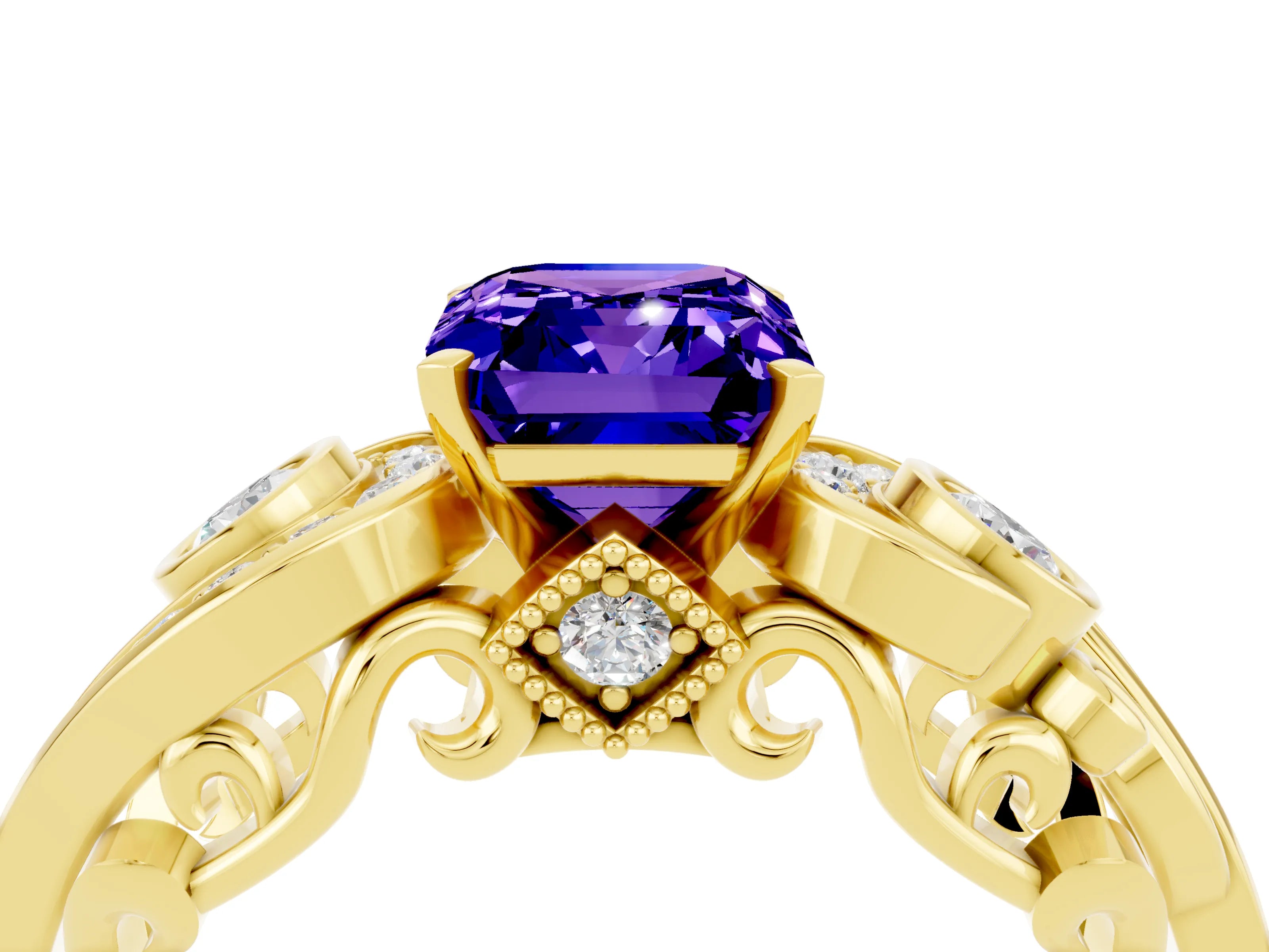 Yellow gold Emerald Cut Tanzanite Solitaire Ring with Milgrain Pavé Band and Four-Prong Setting_28