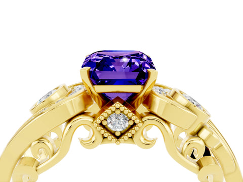 Yellow gold Emerald Cut Tanzanite Solitaire Ring with Milgrain Pavé Band and Four-Prong Setting_28