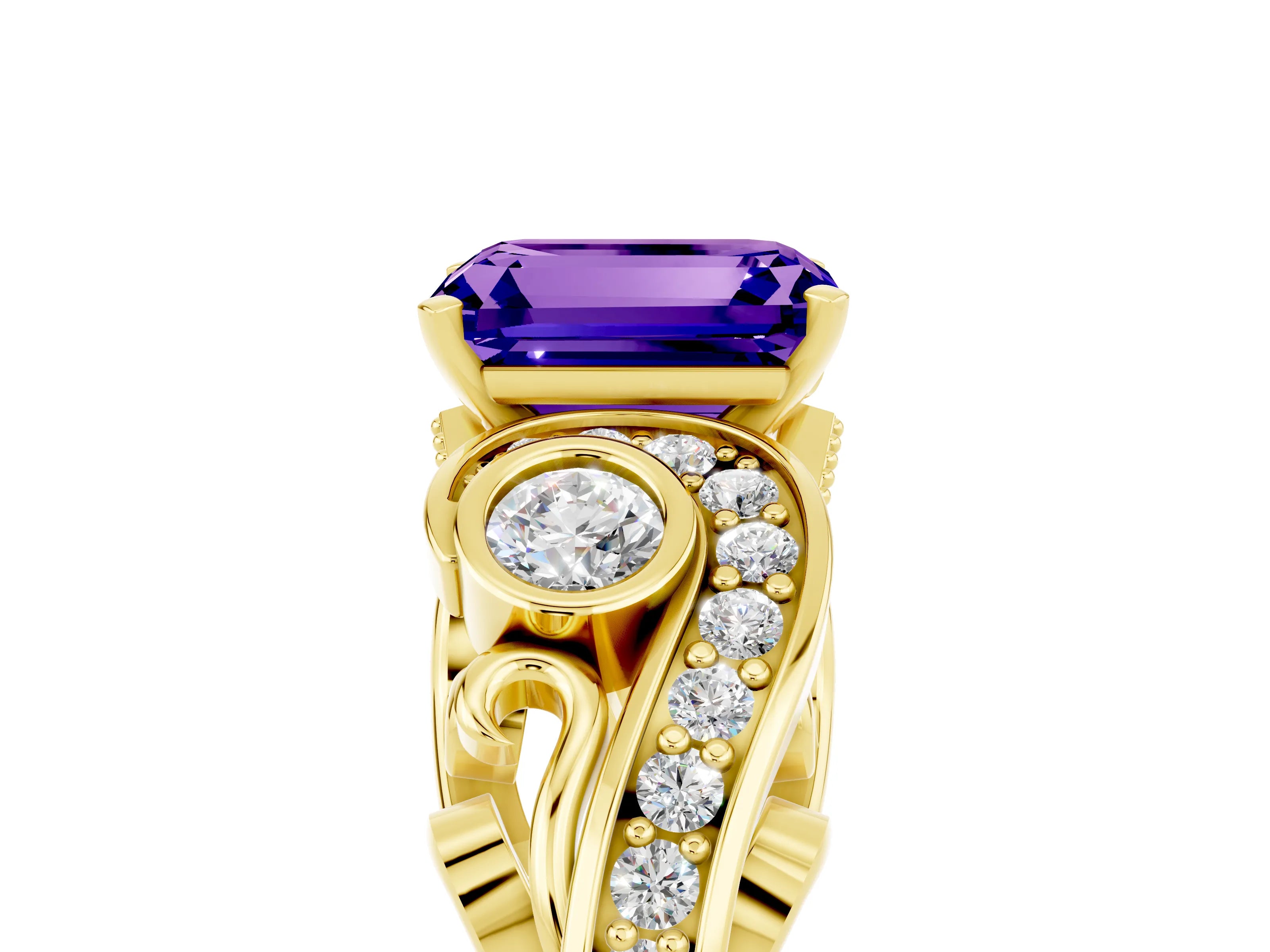 Yellow gold Emerald Cut Tanzanite Solitaire Ring with Milgrain Pavé Band and Four-Prong Setting_29
