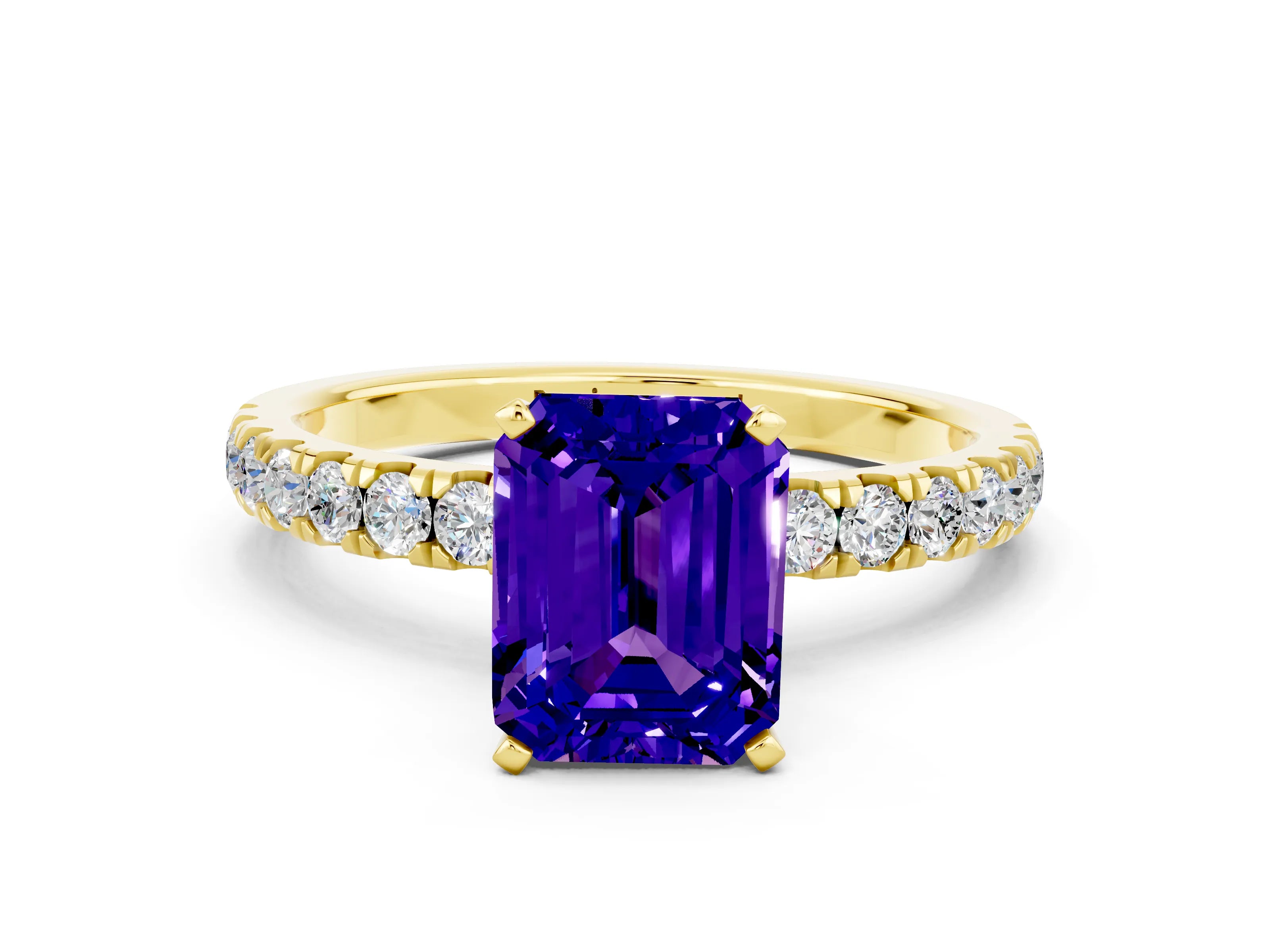 Yellow gold Emerald Cut Tanzanite Solitaire Ring with Pavé Accents and Four-Prong Setting