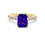Yellow gold Emerald Cut Tanzanite Solitaire Ring with Pavé Accents and Four-Prong Setting