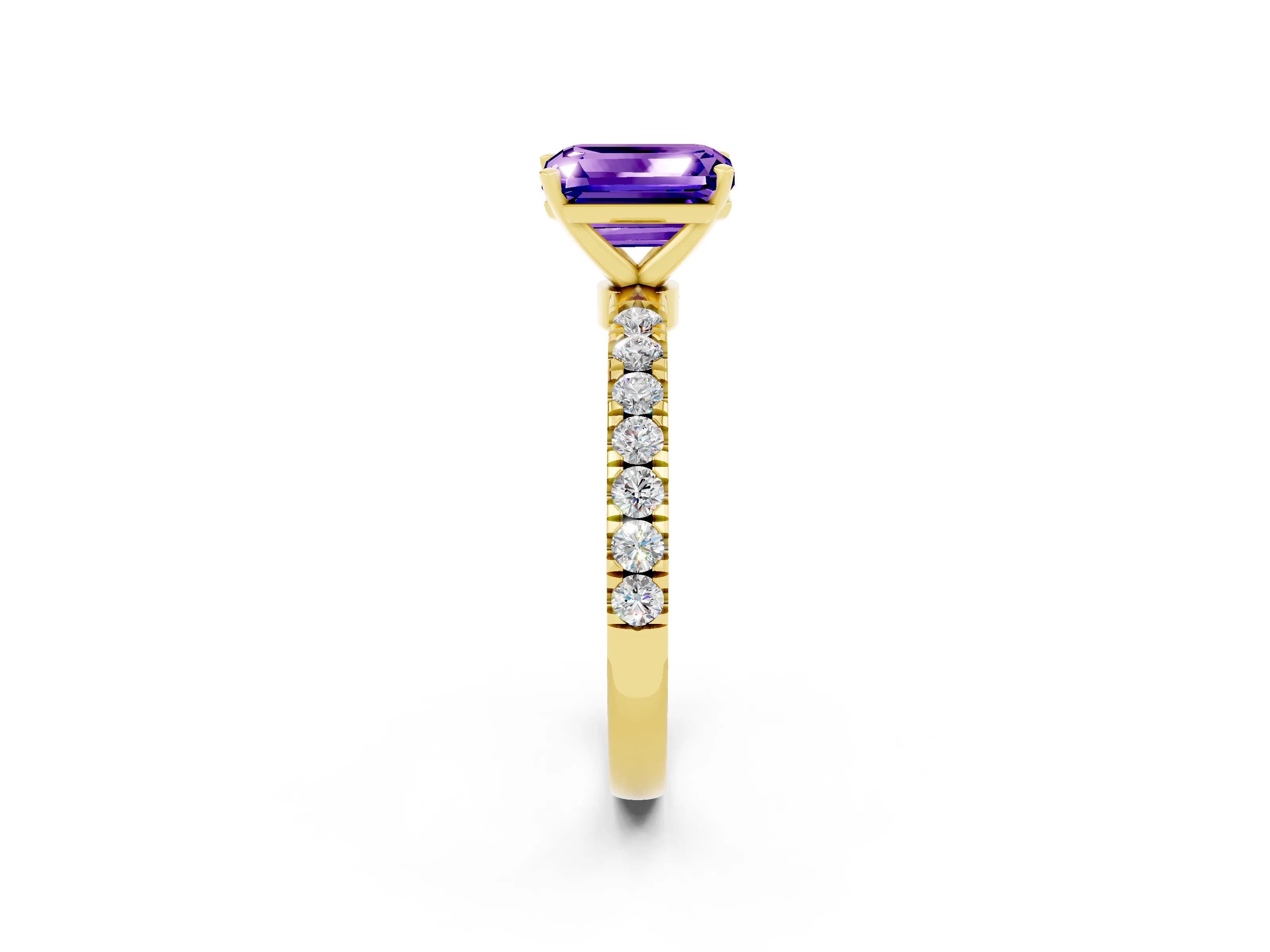 Yellow gold Emerald Cut Tanzanite Solitaire Ring with Pavé Accents and Four-Prong Setting_2
