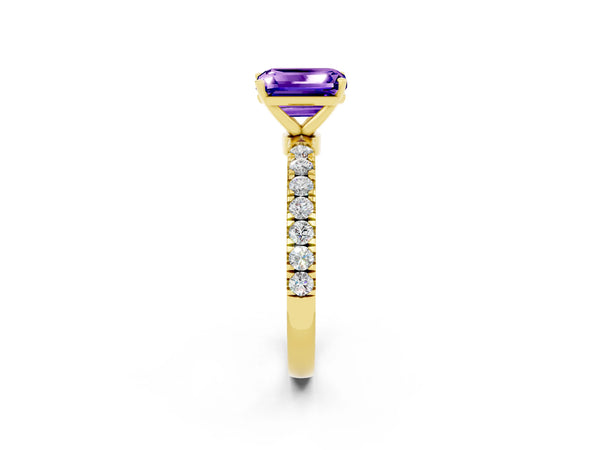 Yellow gold Emerald Cut Tanzanite Solitaire Ring with Pavé Accents and Four-Prong Setting