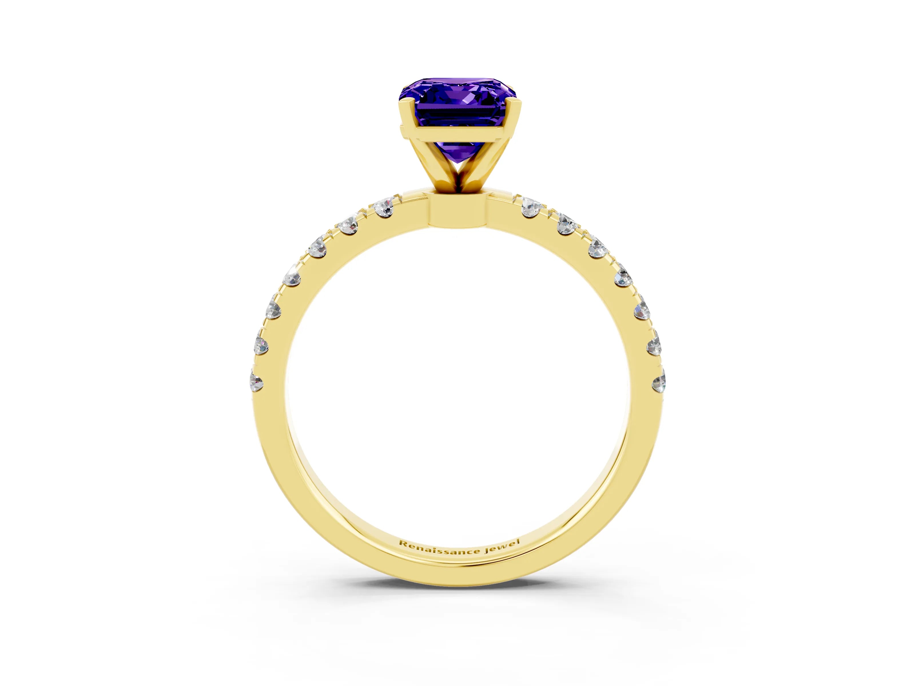 Yellow gold Emerald Cut Tanzanite Solitaire Ring with Pavé Accents and Four-Prong Setting_3