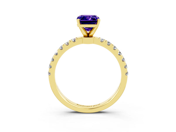 Yellow gold Emerald Cut Tanzanite Solitaire Ring with Pavé Accents and Four-Prong Setting