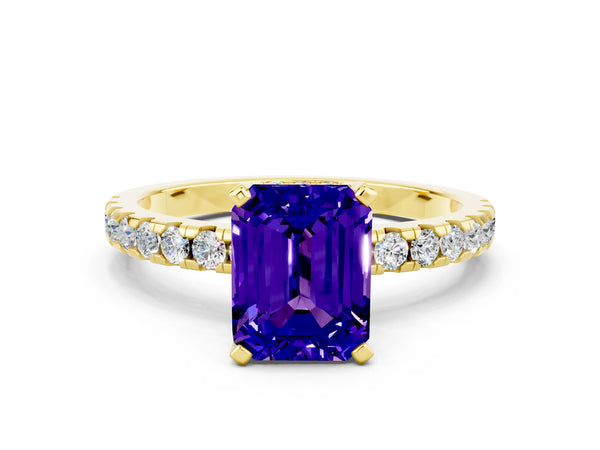 Yellow gold Emerald Cut Tanzanite Solitaire Ring with Round  Pavé Band and Four-Prong Setting