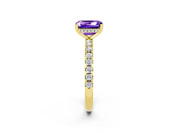 Yellow gold Emerald Cut Tanzanite Solitaire Ring with Round  Pavé Band and Four-Prong Setting