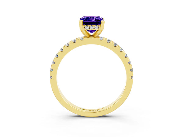 Yellow gold Emerald Cut Tanzanite Solitaire Ring with Round  Pavé Band and Four-Prong Setting