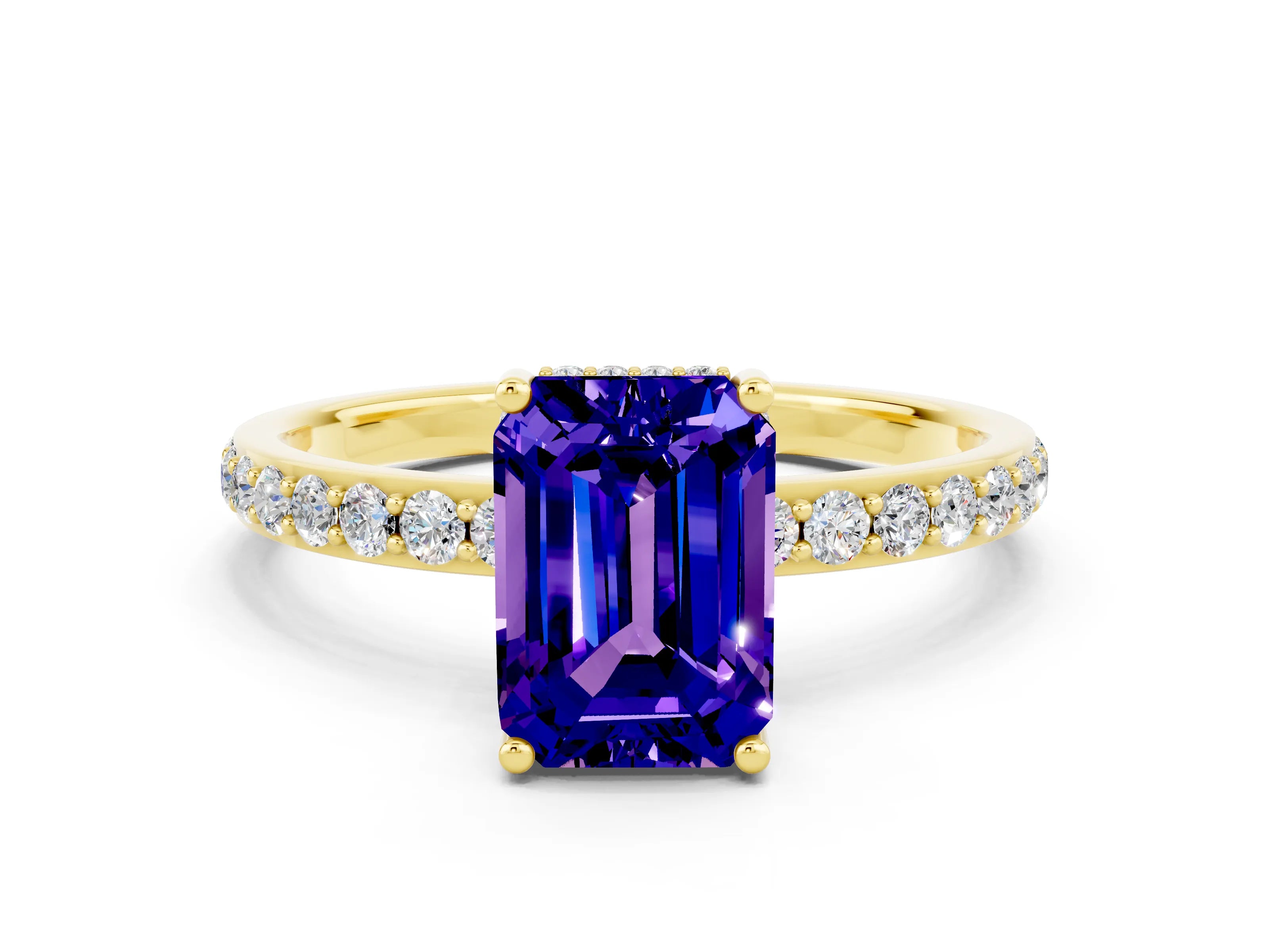 Yellow gold Emerald Cut Tanzanite Solitaire Ring with Pavé Band and Hidden Halo_12