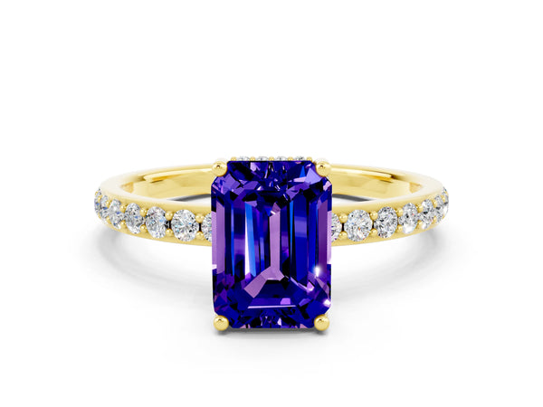 Yellow gold Emerald Cut Tanzanite Solitaire Ring with Pavé Band and Hidden Halo