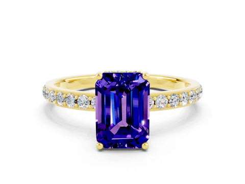 Yellow gold Emerald Cut Tanzanite Solitaire Ring with Pavé Band and Hidden Halo_12