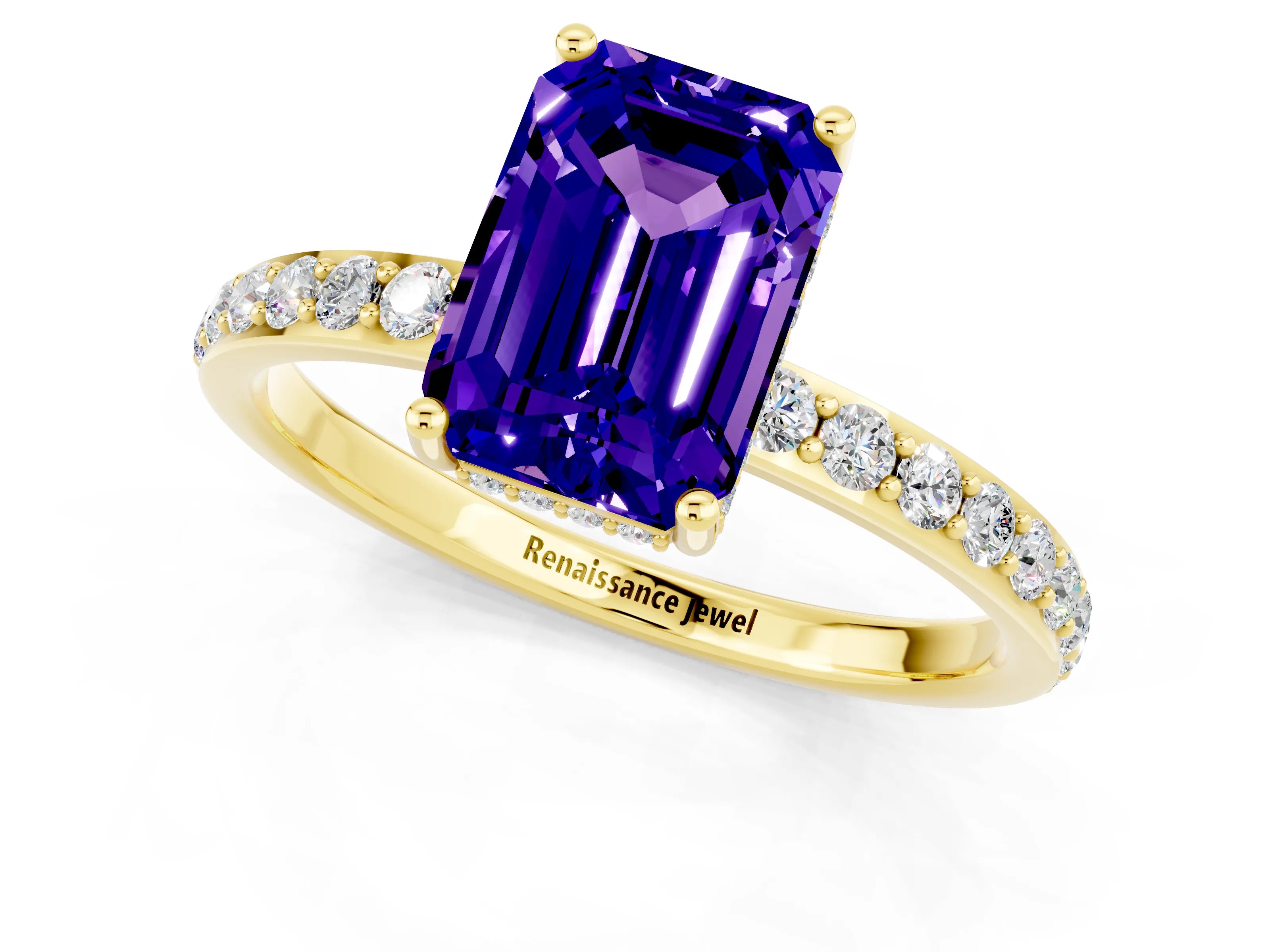 Yellow gold Emerald Cut Tanzanite Solitaire Ring with Pavé Band and Hidden Halo_13