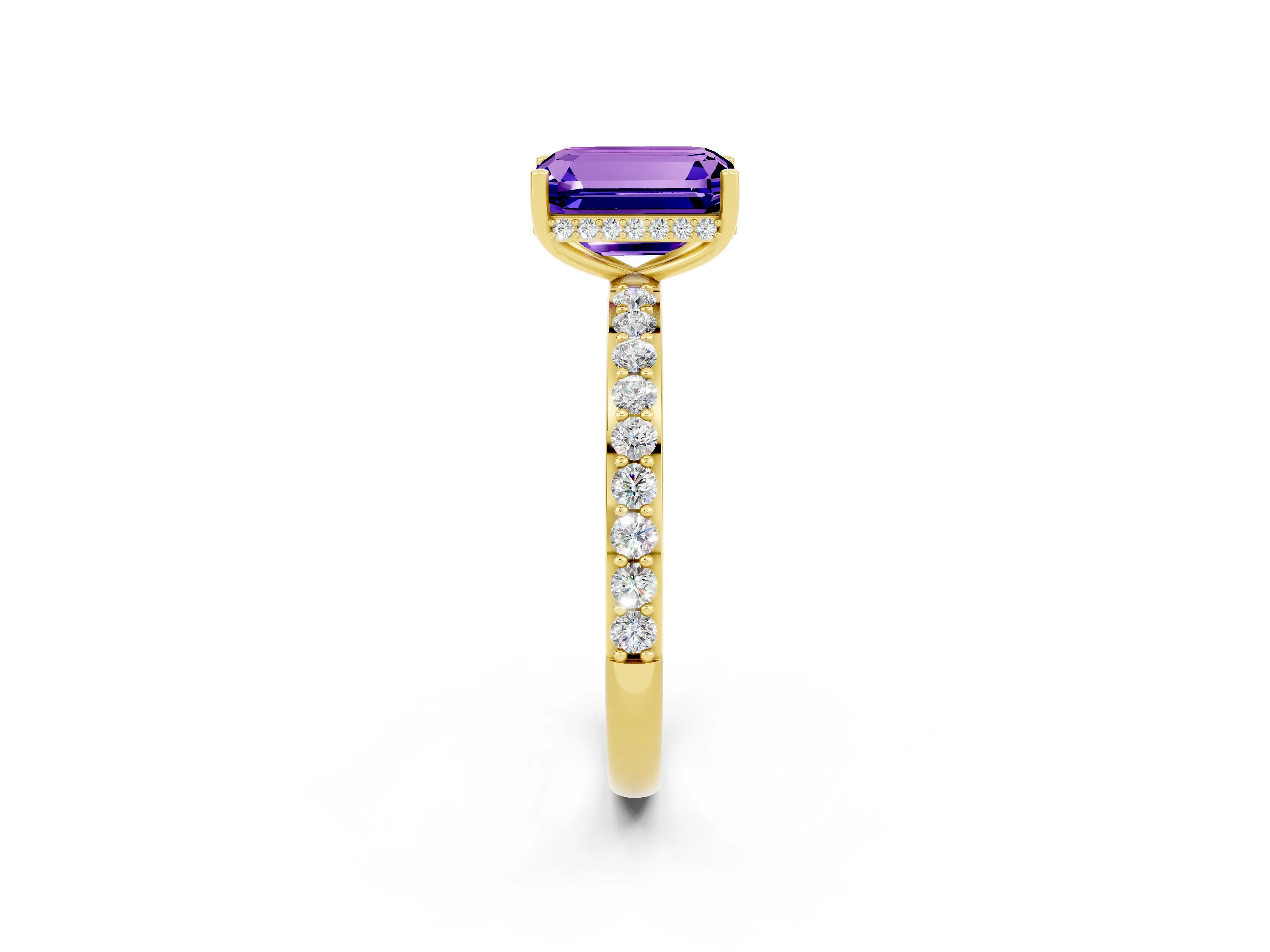 Yellow gold Emerald Cut Tanzanite Solitaire Ring with Pavé Band and Hidden Halo_14