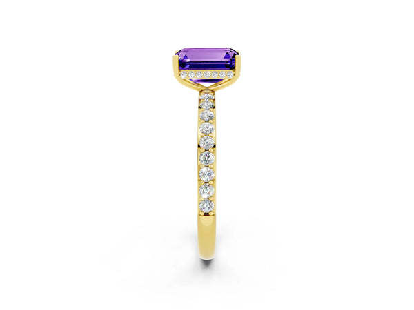 Yellow gold Emerald Cut Tanzanite Solitaire Ring with Pavé Band and Hidden Halo
