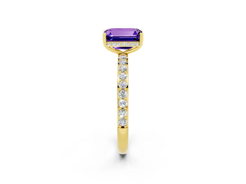 Yellow gold Emerald Cut Tanzanite Solitaire Ring with Pavé Band and Hidden Halo_14
