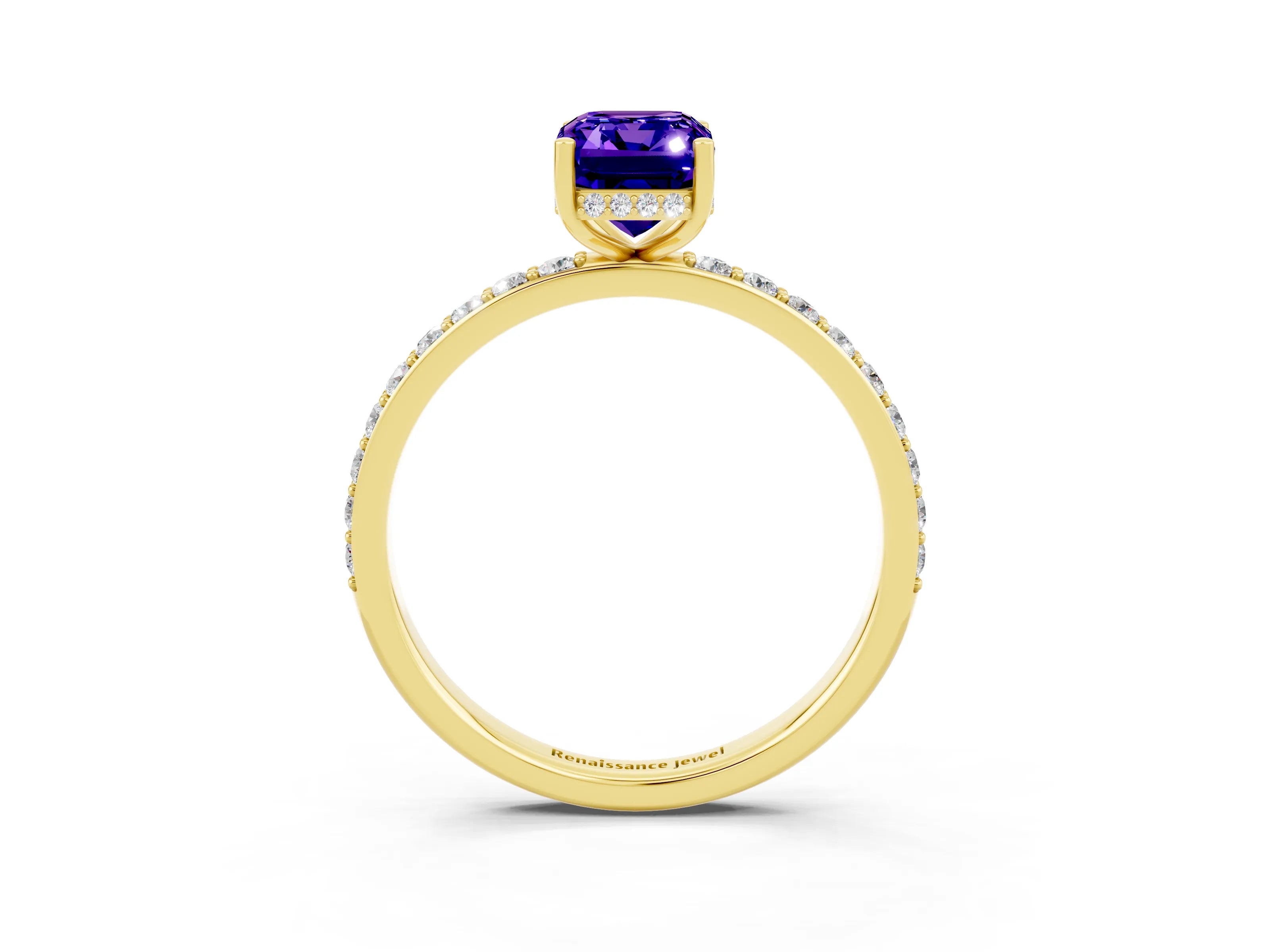 Yellow gold Emerald Cut Tanzanite Solitaire Ring with Pavé Band and Hidden Halo_15
